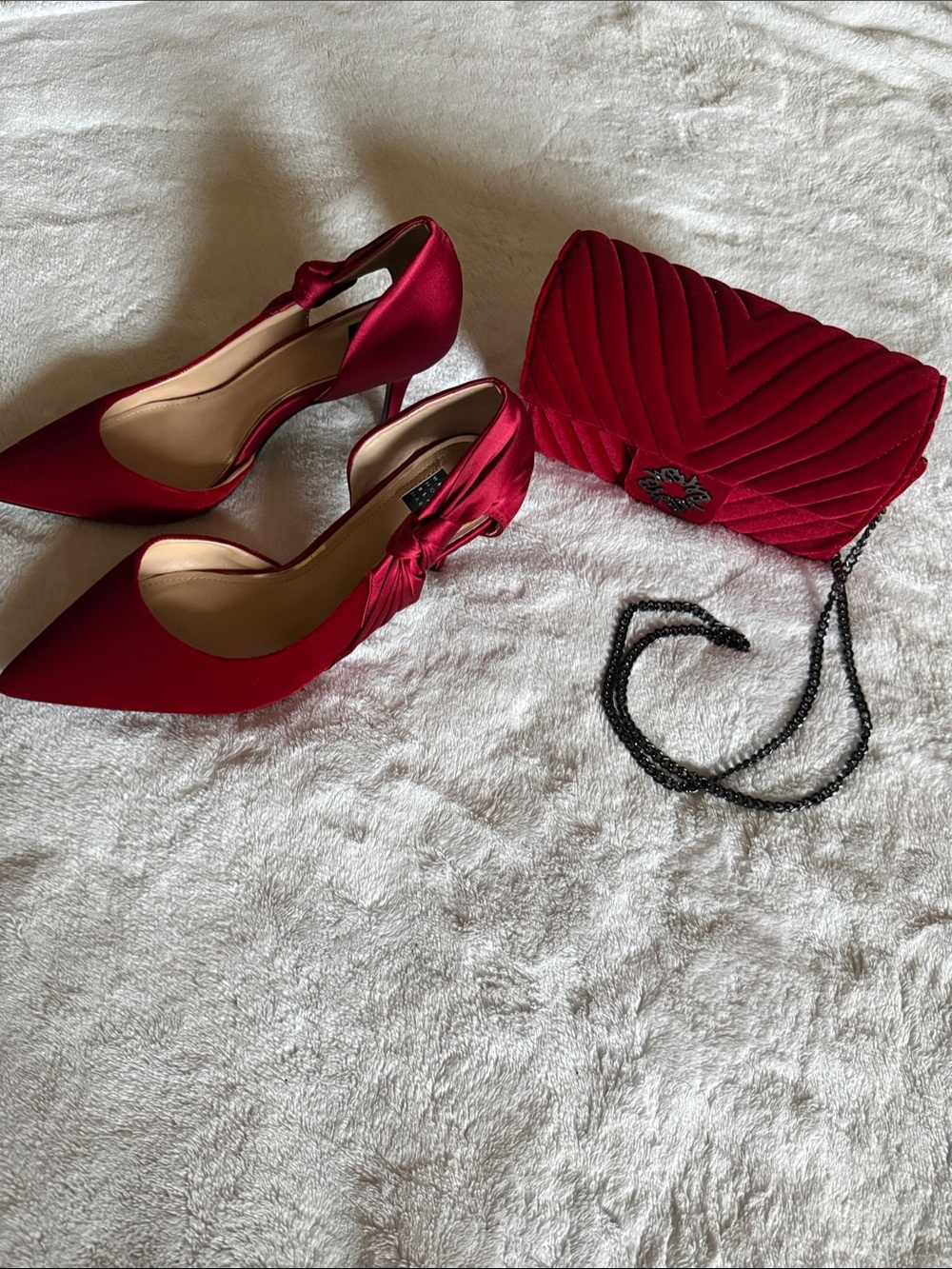 White House Black Market Red Satin Pointed Toe Heels and Matching Purse